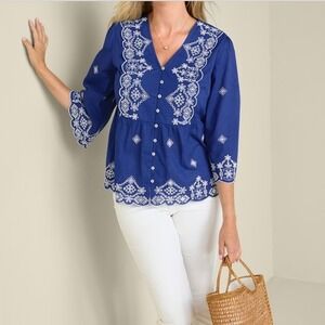 Soft Surroundings Shona Embroidered Top Royal Blue Peplum Blouse Women's Size L